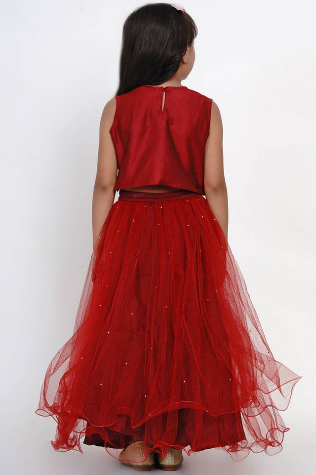 Girl's Maroon Embroidered Net Lehenga