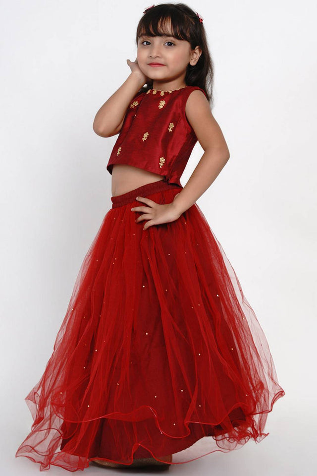 Girl's Maroon Embroidered Net Lehenga