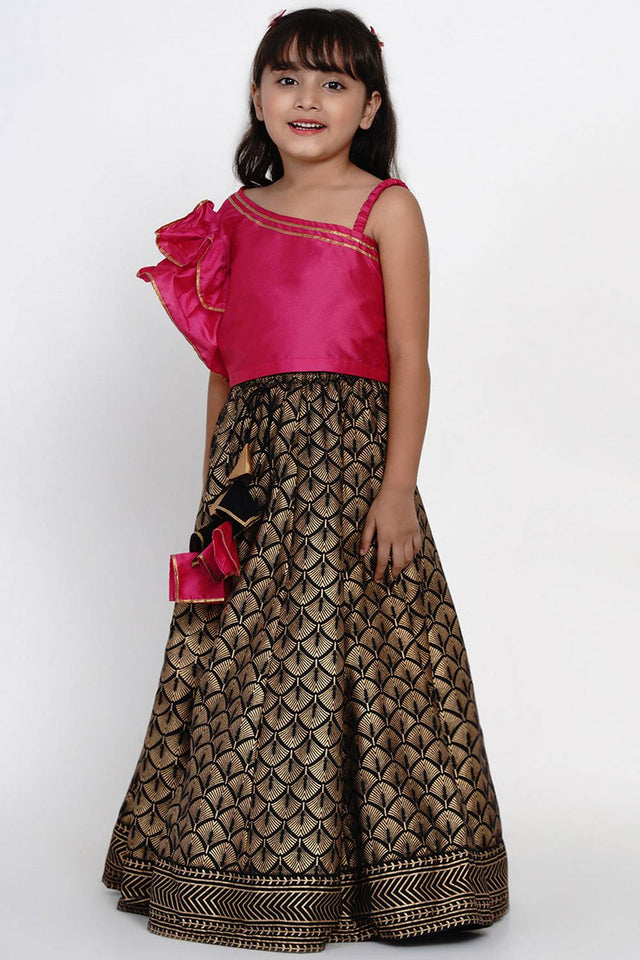 Girl's Black Foil Printed Silk Lehenga