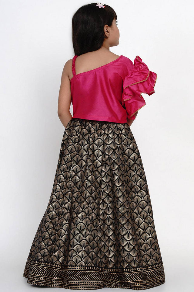 Girl's Black Foil Printed Silk Lehenga