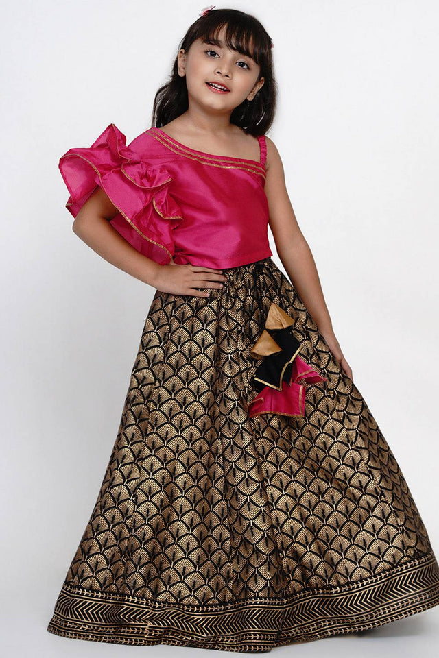 Girl's Black Foil Printed Silk Lehenga