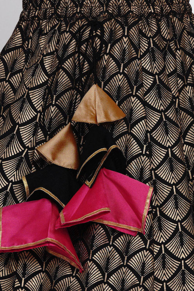 Girl's Black Foil Printed Silk Lehenga