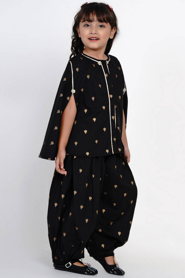 Girl's Black Embroidered Cotton Kurta Set
