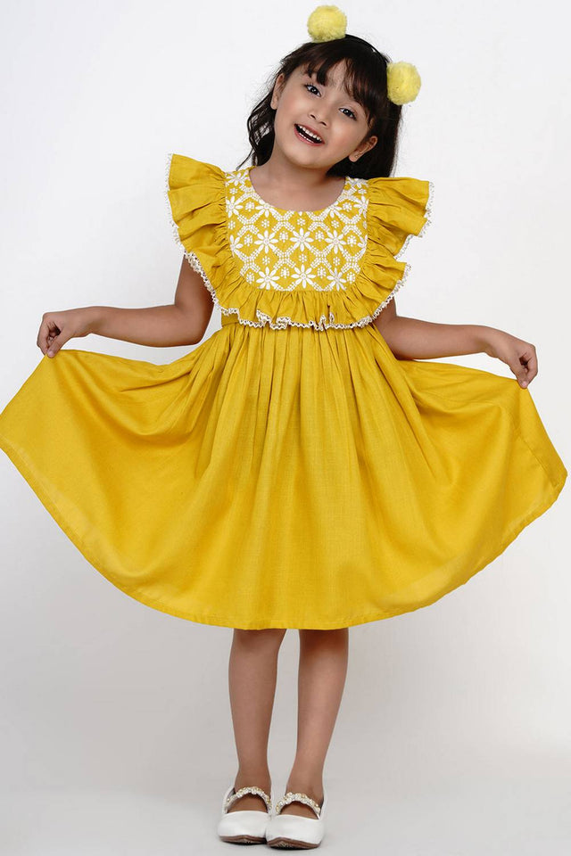 Girl's Yellow Solid Cotton Dress