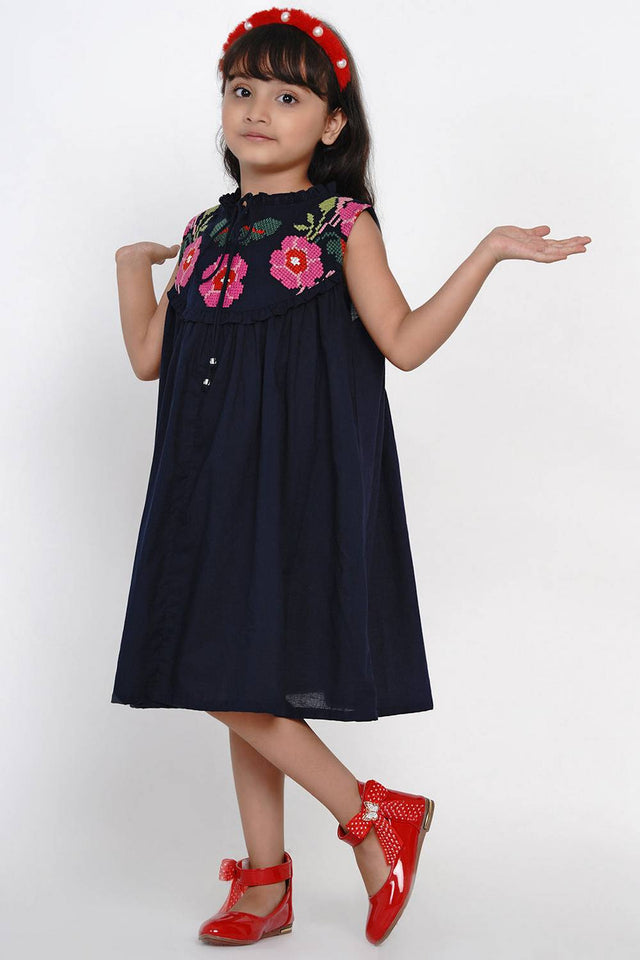 Girl's Blue Solid Flared Cotton Flared Dress