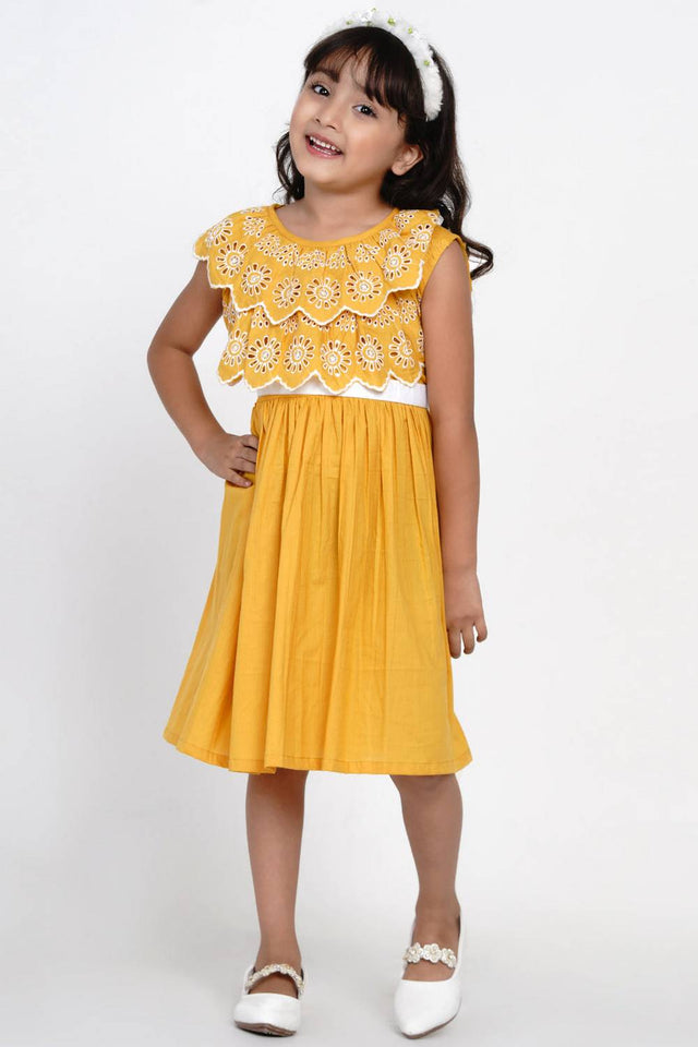 Girl's Mustard Solid Cotton Dress