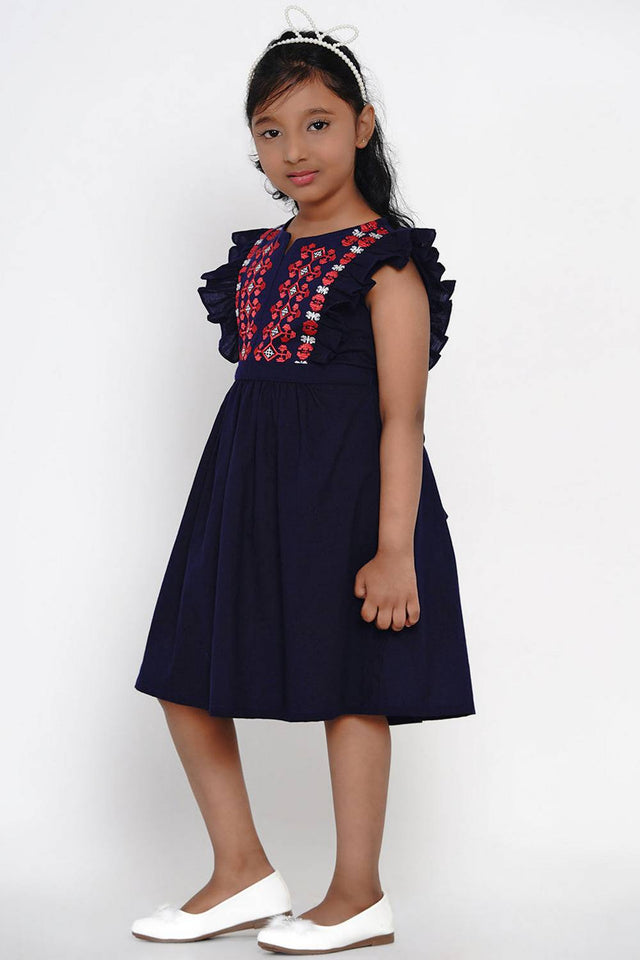 Girl's Blue Embroidered Flared Cotton Flared Dress
