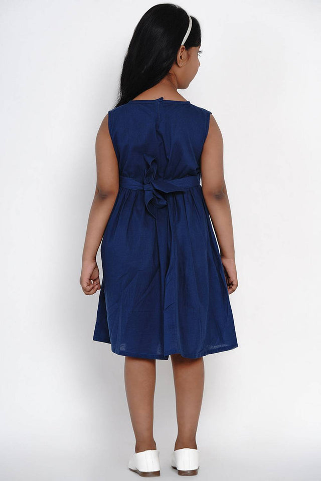 Girl's Blue Embroidered Flared Cotton Flared Dress
