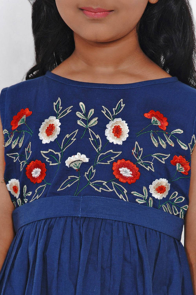 Girl's Blue Embroidered Flared Cotton Flared Dress