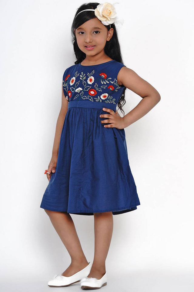 Girl's Blue Embroidered Flared Cotton Flared Dress