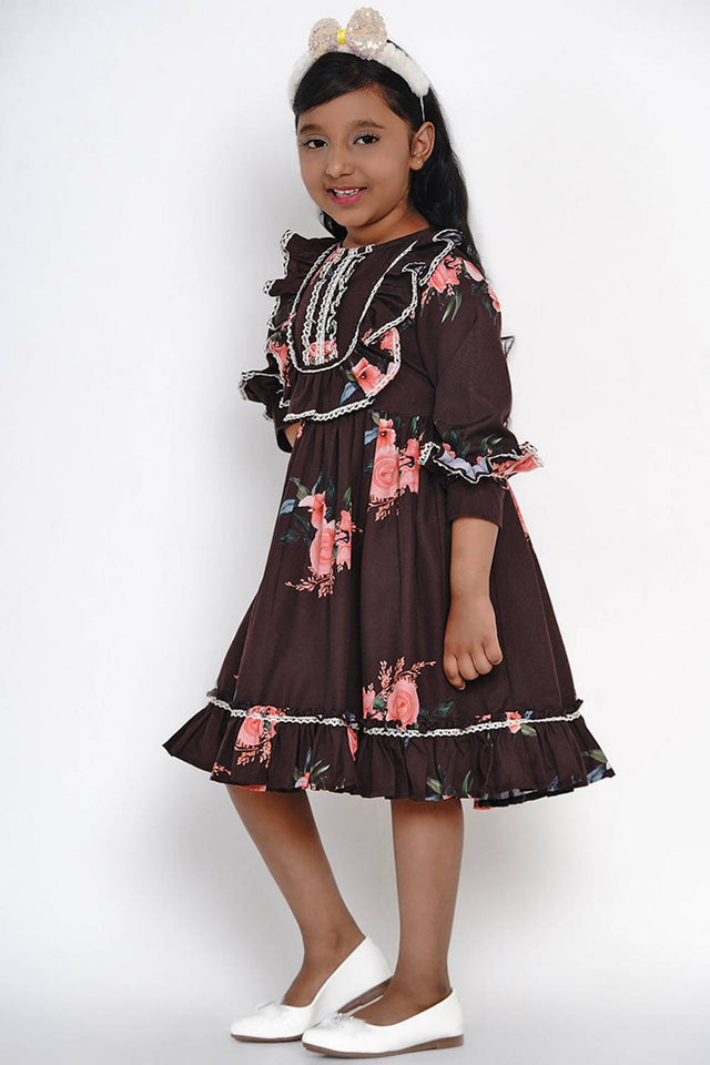 Girl's Black Floral Printed Synthetic Dress