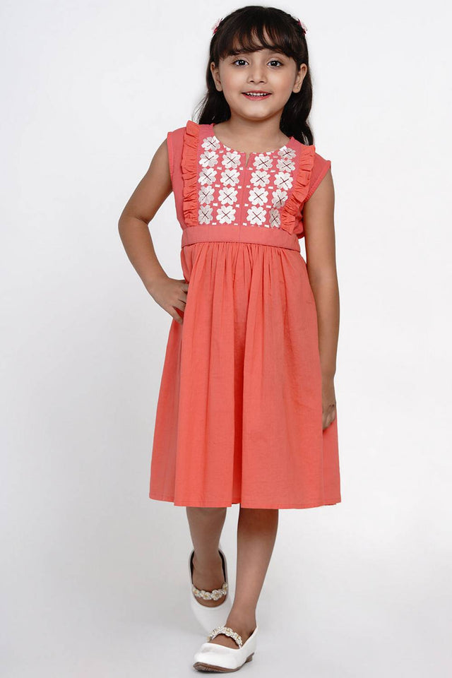 Girl's Peach Embroidered Flared Cotton Flared Dress