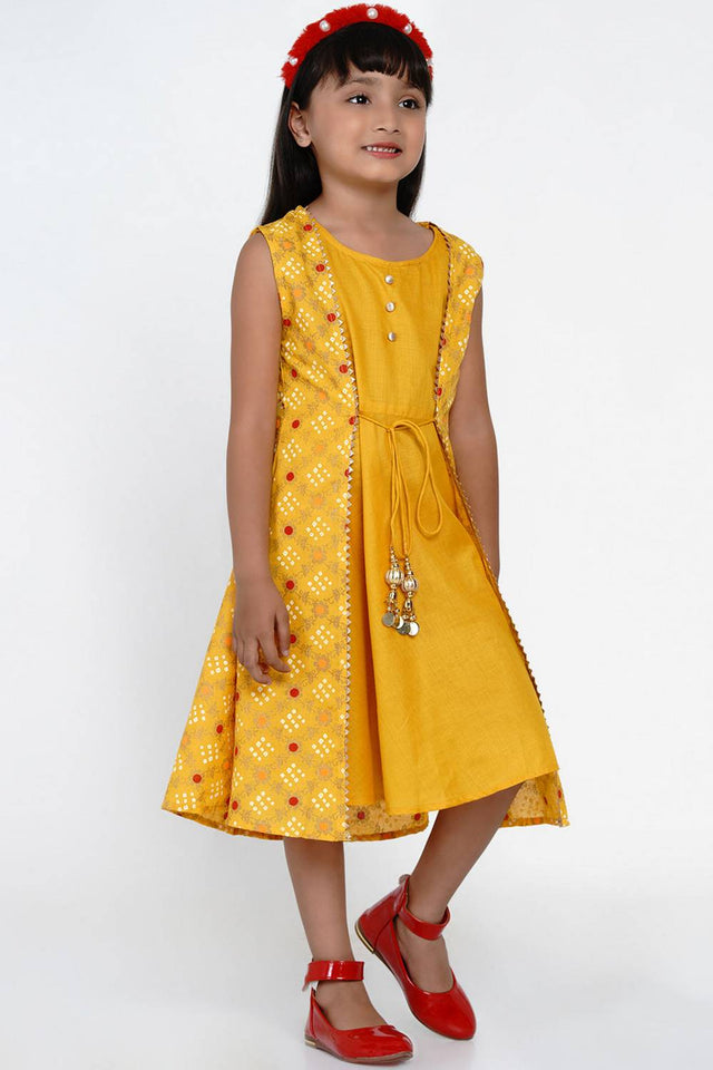 Girl's Yellow Bandhani Printed Cotton Dress (N2ZBBB212)