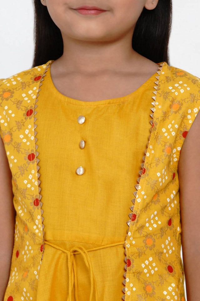 Girl's Yellow Bandhani Printed Cotton Dress (N2ZBBB212)
