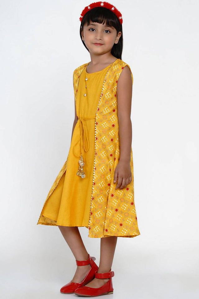 Girl's Yellow Bandhani Printed Cotton Dress (N2ZBBB212)
