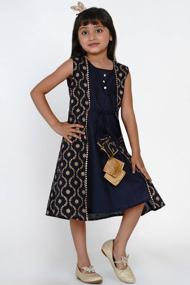 Girl's Blue Embroidered Flared Cotton Flared Dress