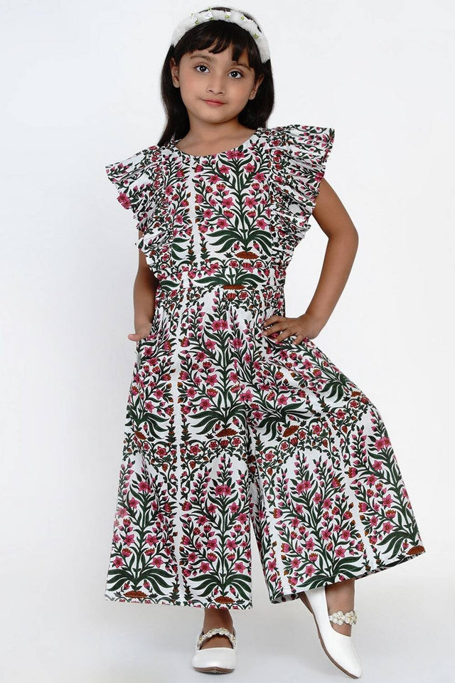Girl's White Floral Printed Cotton Jumpsuit