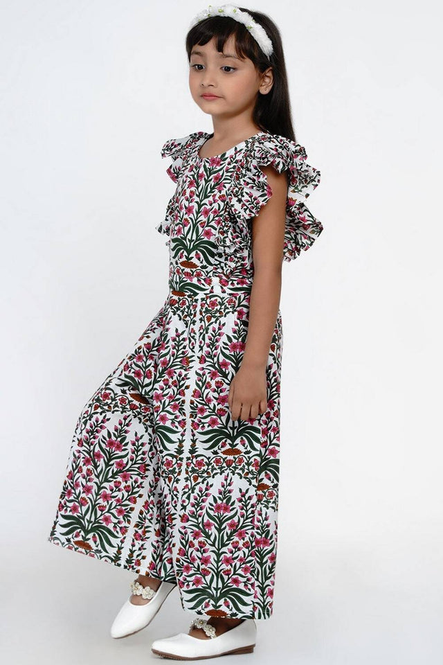 Girl's White Floral Printed Cotton Jumpsuit