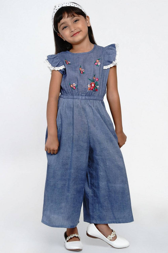 Girl's Blue Embroidered Cotton Jumpsuit