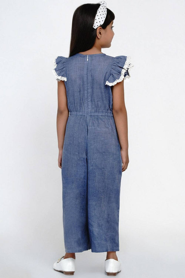 Girl's Blue Embroidered Cotton Jumpsuit