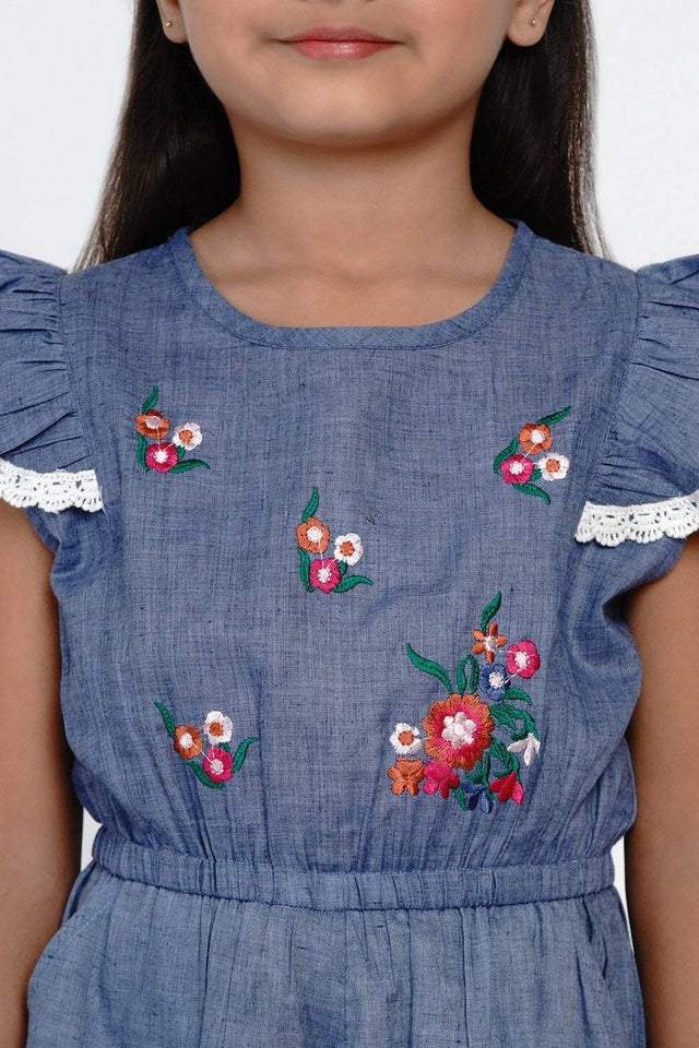 Girl's Blue Embroidered Cotton Jumpsuit