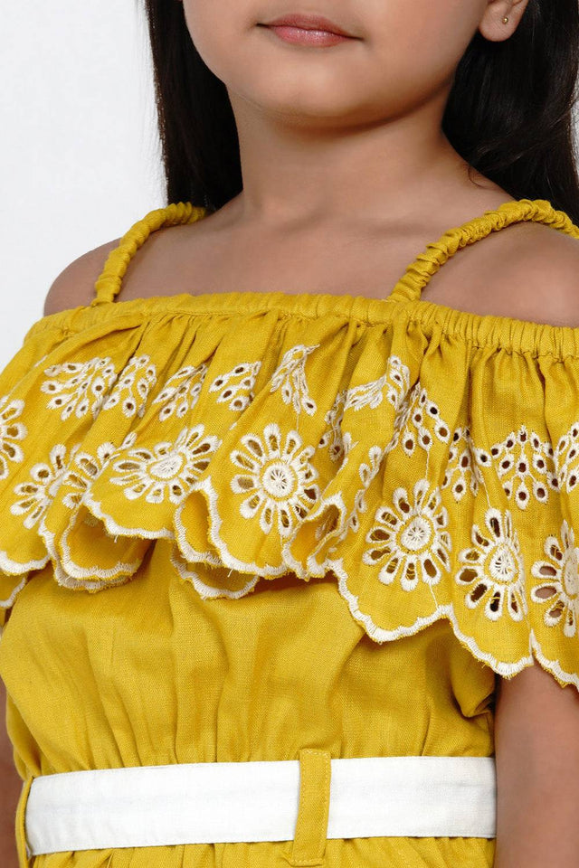 Girl's Mustard Solid Cotton Jumpsuit