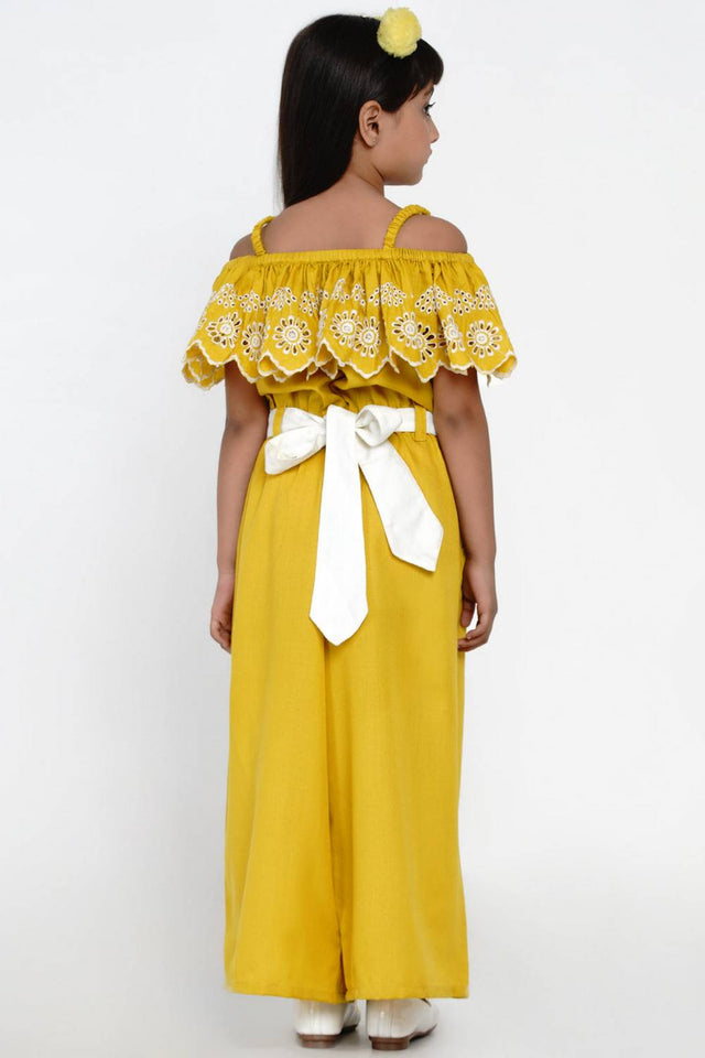 Girl's Mustard Solid Cotton Jumpsuit