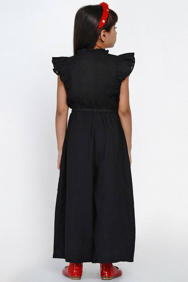 Girl's Black Solid Cotton Jumpsuit