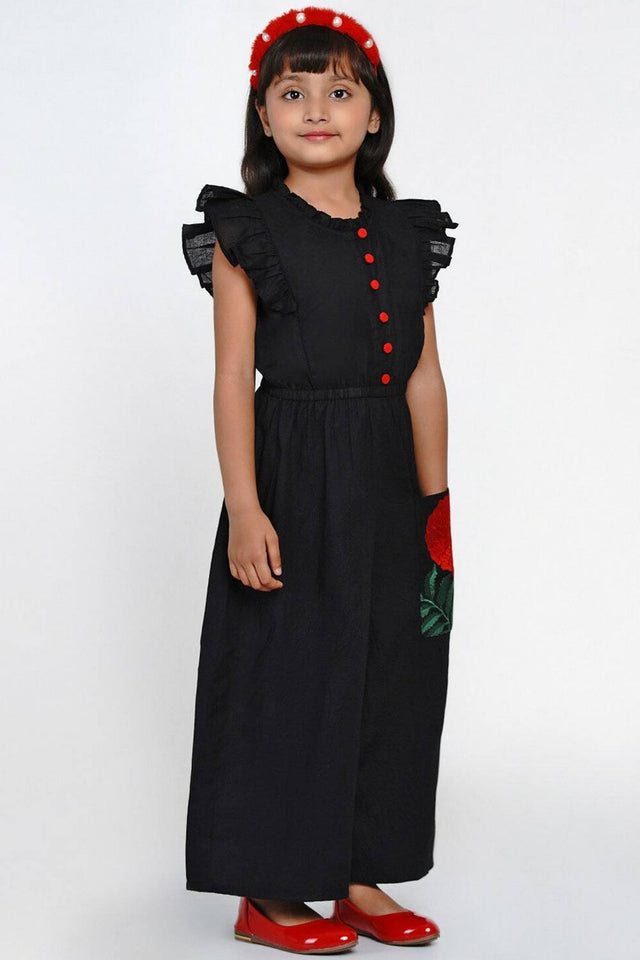 Girl's Black Solid Cotton Jumpsuit