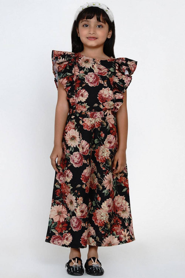 Girl's Black Floral Printed Rayon Jumpsuit