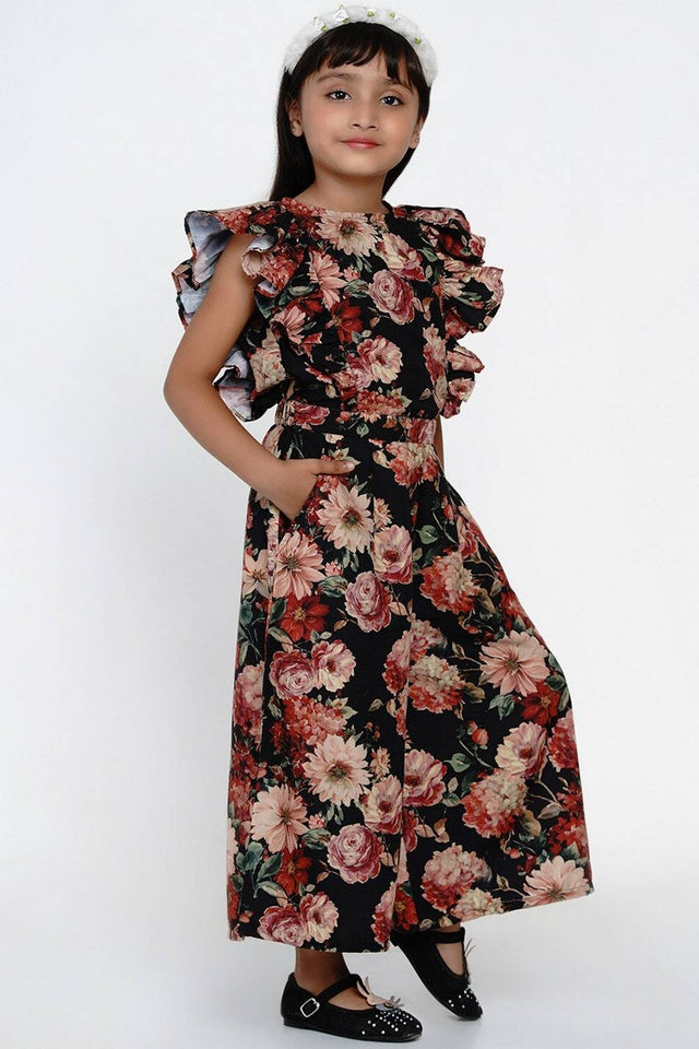 Girl's Black Floral Printed Rayon Jumpsuit