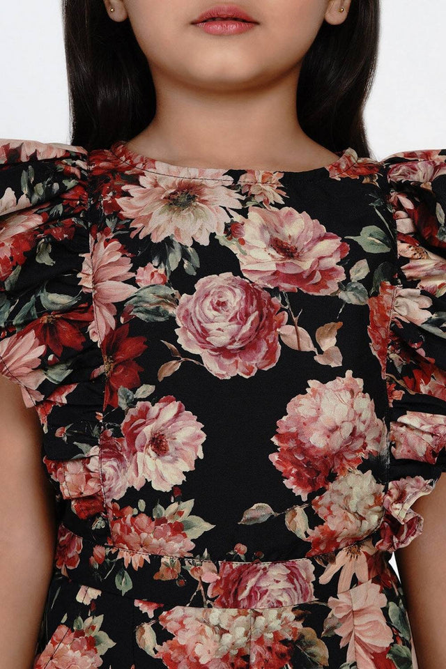 Girl's Black Floral Printed Rayon Jumpsuit