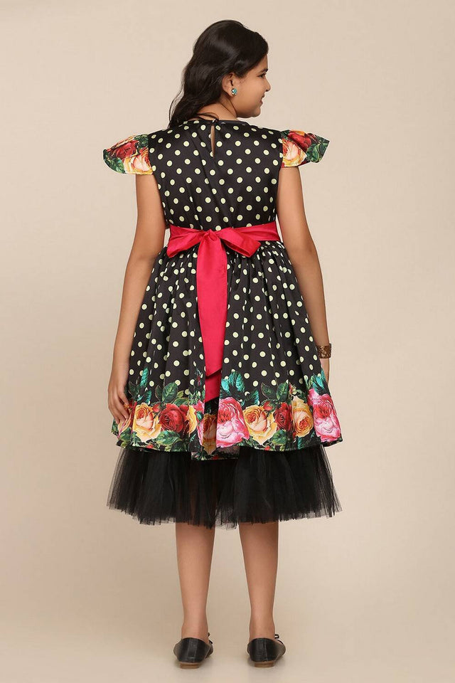 Girl's Black Floral Printed Silk Dress