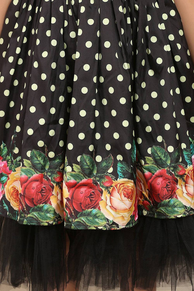 Girl's Black Floral Printed Silk Dress