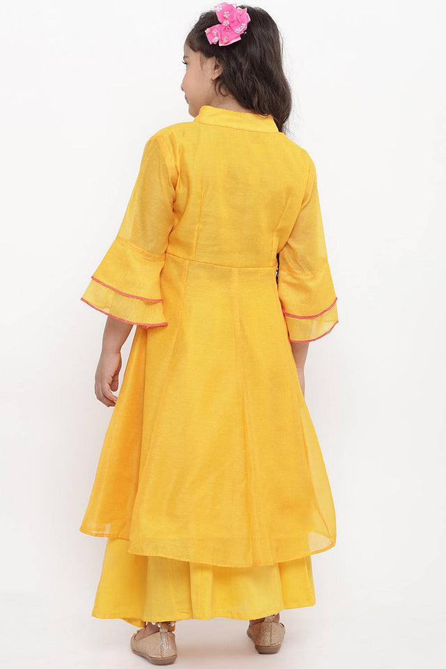 Girl's Yellow Floral Printed Silk Kurta Set