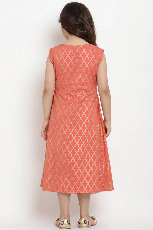 Girl's Peach Solid Flared Cotton Flared Dress