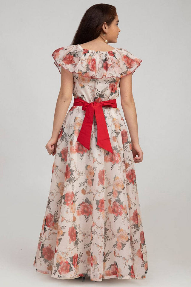 Girl's White Floral Printed Silk Dress