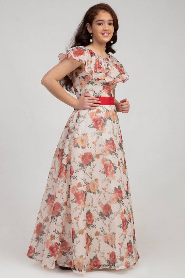 Girl's White Floral Printed Silk Dress