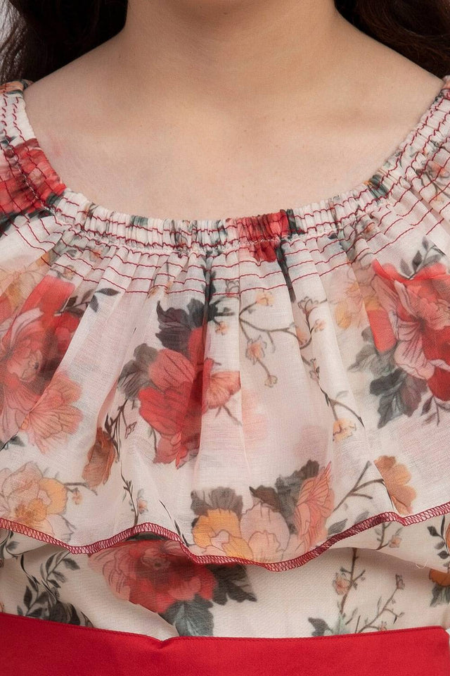 Girl's White Floral Printed Silk Dress