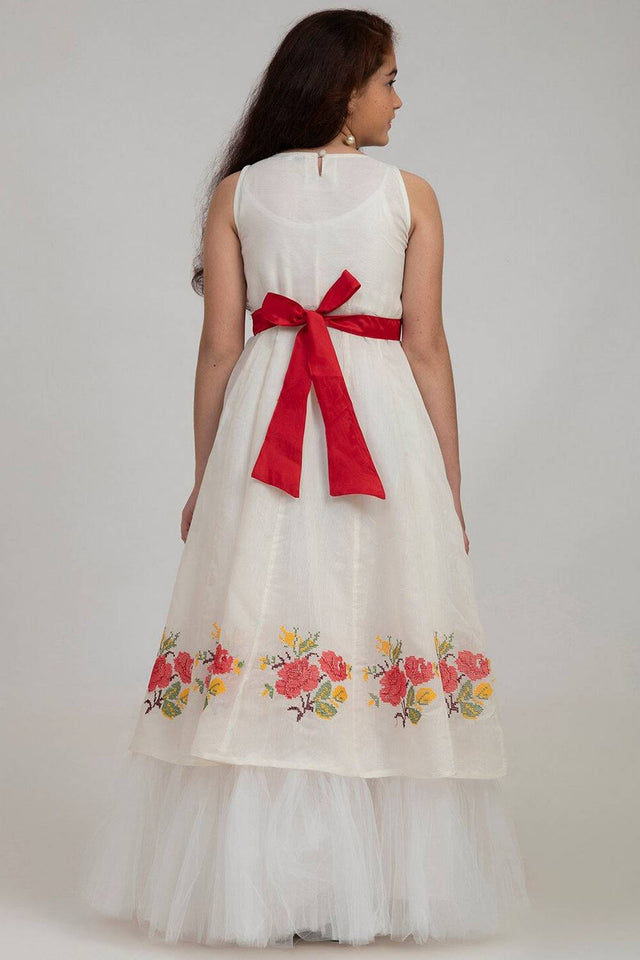 Girl's White Embroidered Silk Dress