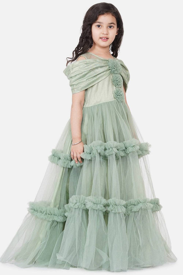 Girl's Green Frill Work Silk Dress