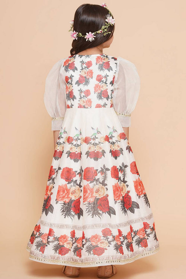 Girl's White Floral Printed Crepe Dress