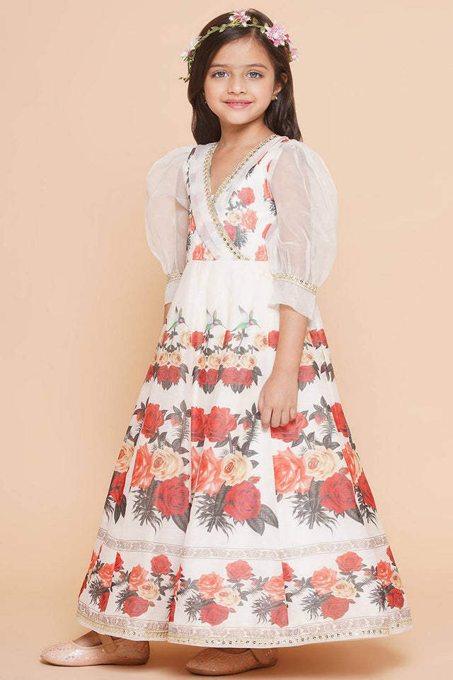 Girl's White Floral Printed Crepe Dress