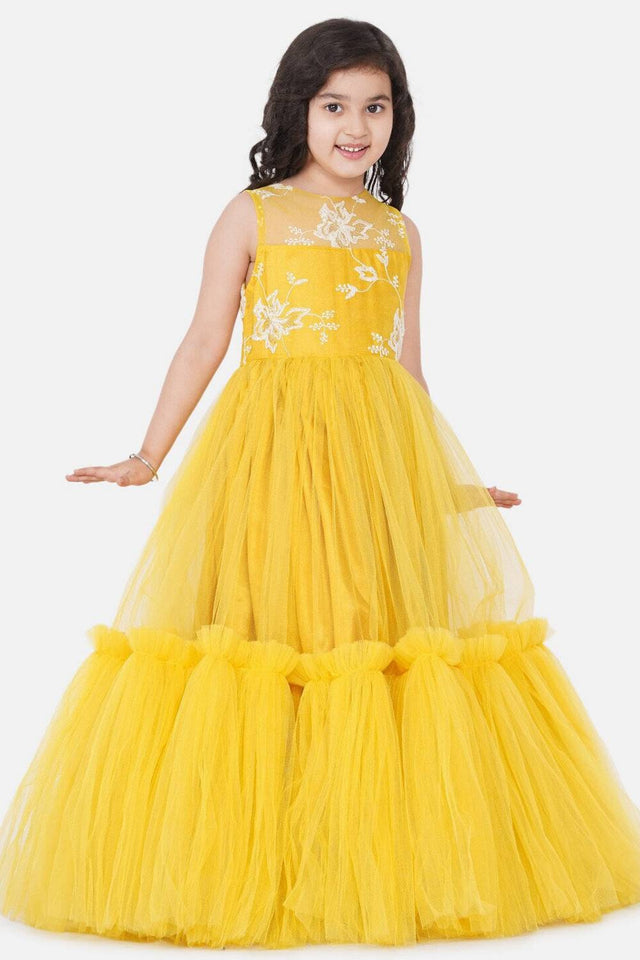 Girl's Yellow Frill Work Silk Dress
