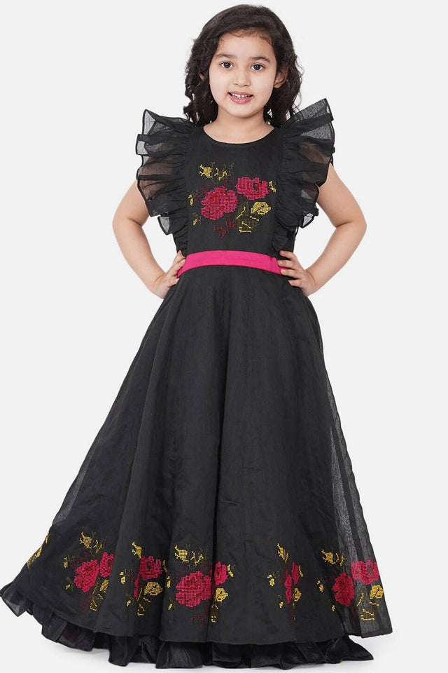 Girl's Black Embroidered Cotton Dress