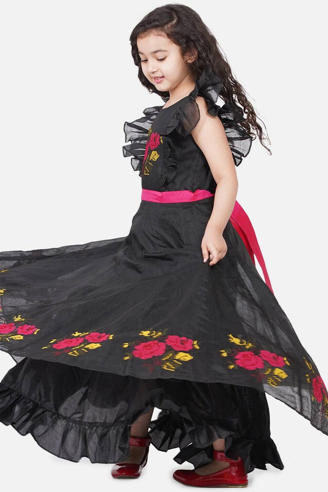 Girl's Black Embroidered Cotton Dress