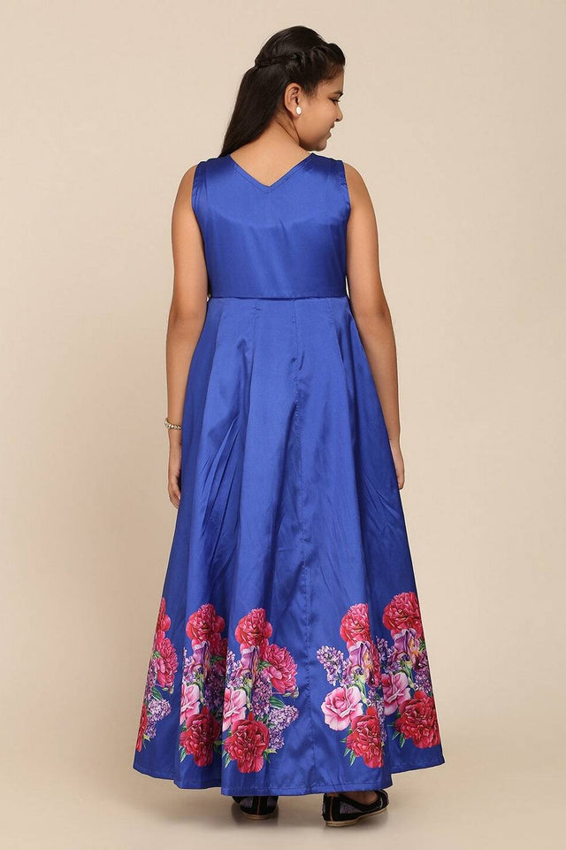 Girl's Blue Floral Printed Silk Gown