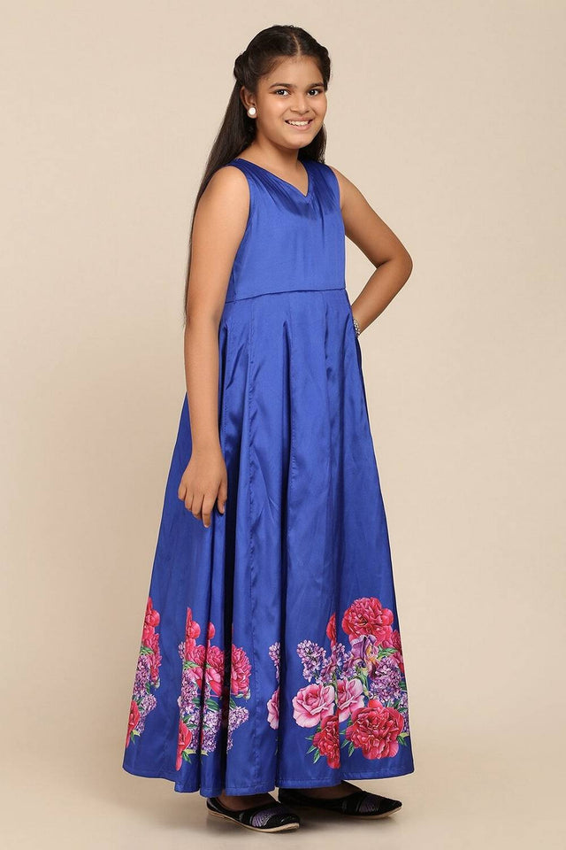 Girl's Blue Floral Printed Silk Gown