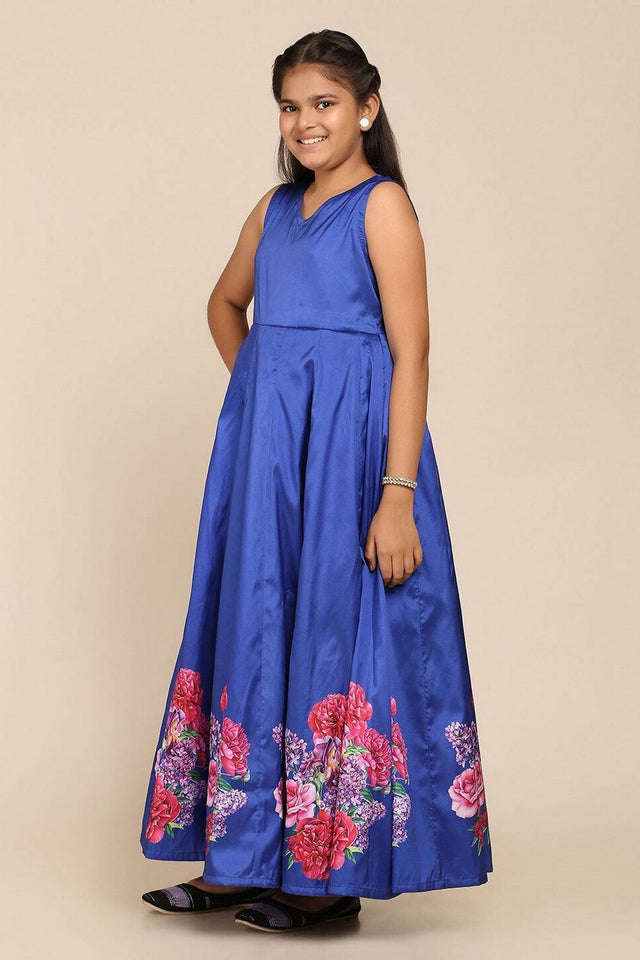 Girl's Blue Floral Printed Silk Gown