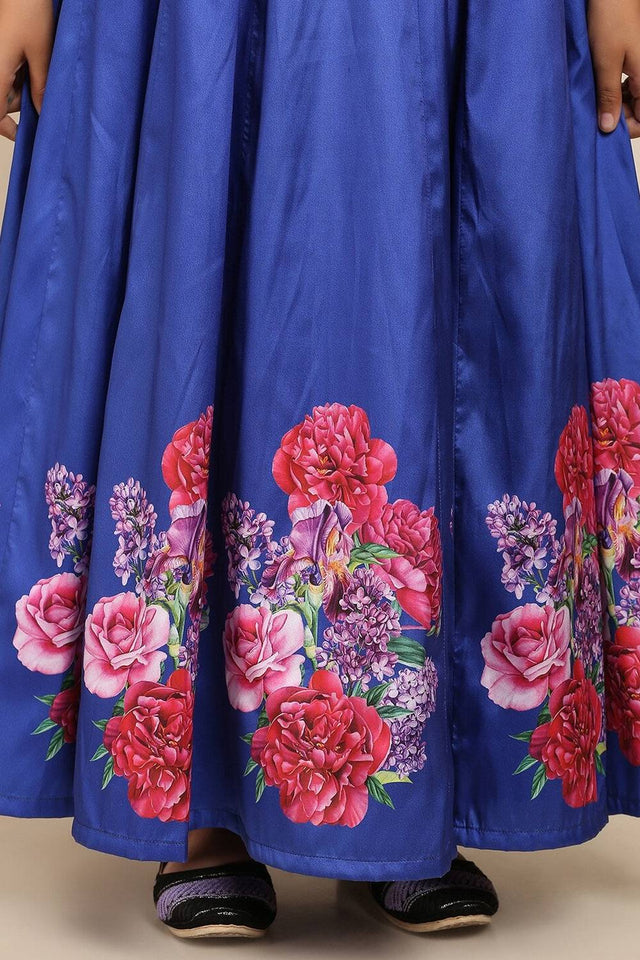 Girl's Blue Floral Printed Silk Gown